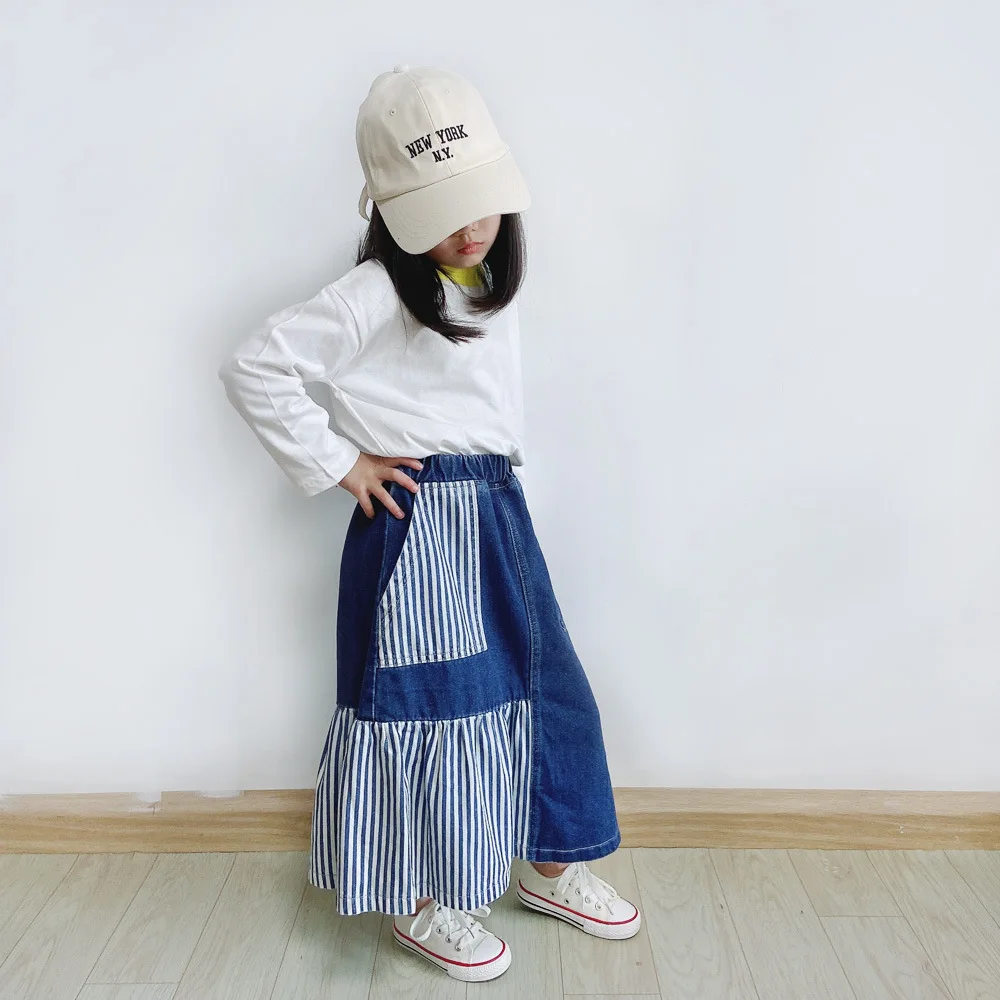 Japanese Spring Summer Autumn New Parent-child Denim Skirt Children Striped Forest Style Girls Artistic Loose Casual Skirt