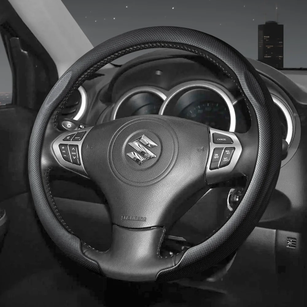 Suitable for Suzuki's New Ultra-Thin Nappa Leather Car Steering Wheel Cover with Anti-Slip Breathable Holes for Wagon R Swift Ertiga Brezza Baleno Fronx Dzire Spacia Alto Eeco Hustler Grand Vitara S-Cross Ignis