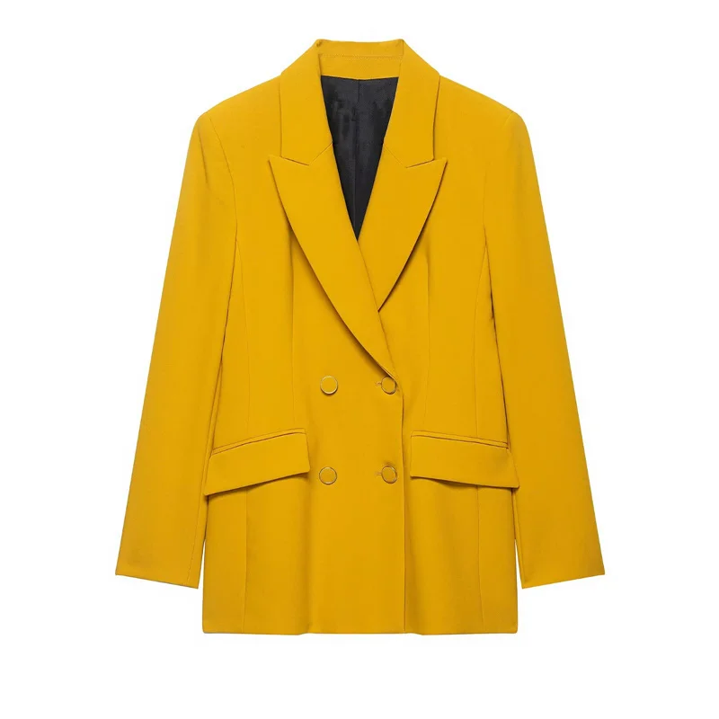 ジェニー & デイブ ミニマリスト レトロ ルーズ カジュアル スーツ イエロー ダブルブレスト ブレザー レディース ジャケット 女性服 トップス ブレザー 女性
