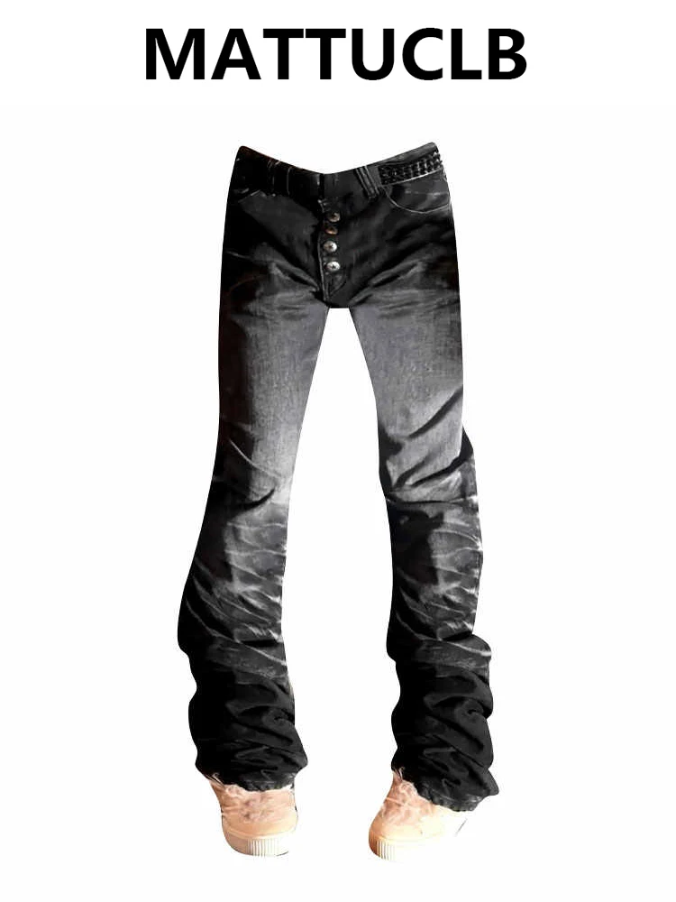2025 Autumn Winter Women's Denim Pants Y2K Gothic Stacked Jeans Men Jeans Grunge Harajuku Cowboy Punk Mom Jeans Black New In