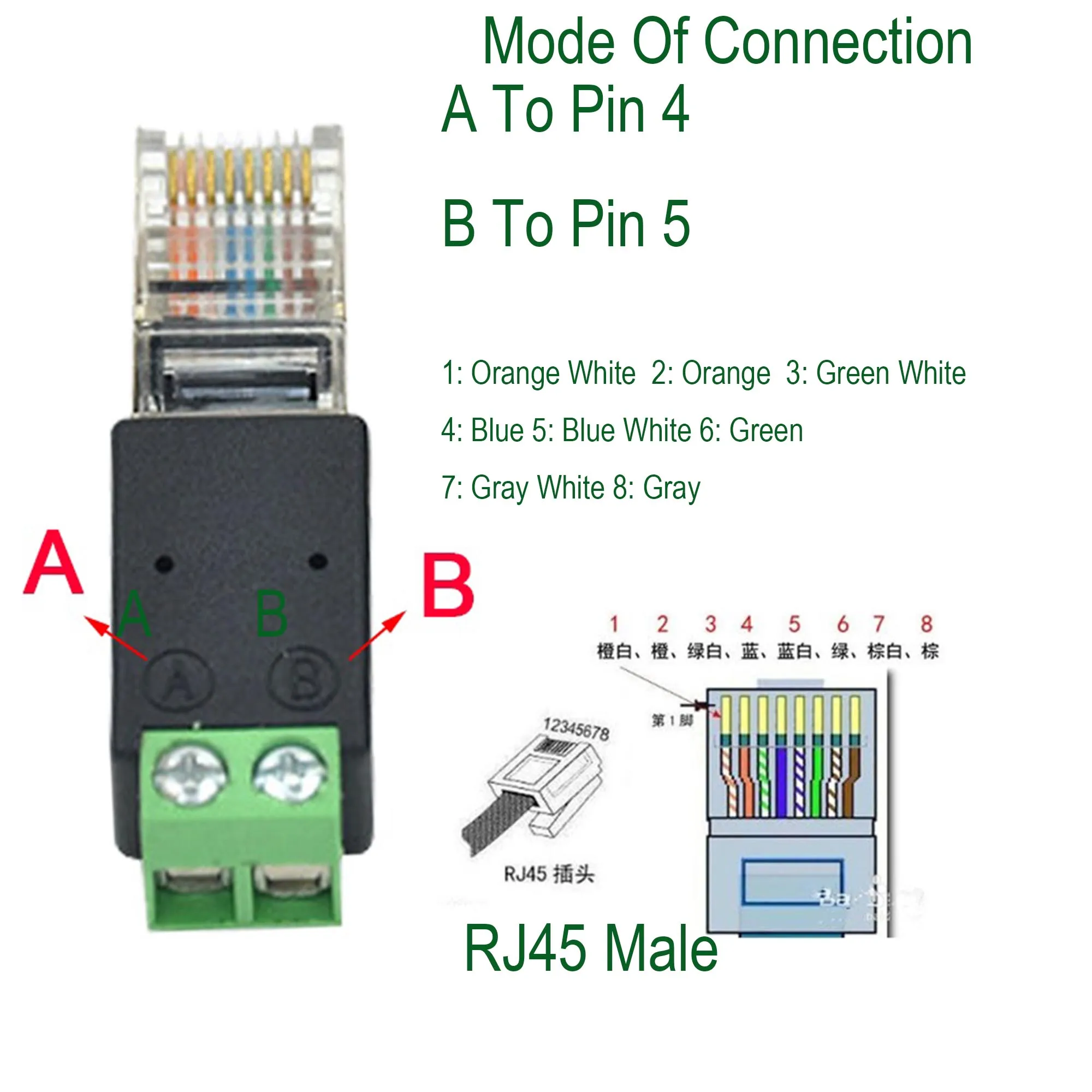 1pc RJ45 Male to 485 2 Pin (4 5P) Screw Terminal Adapter Connector Splitter CCTV DVR