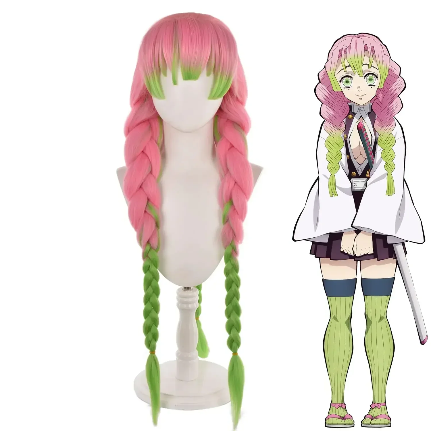 

Mitsuri Cosplay Wig Green Mix Pink Long Anime Costume Wigs Kanroji Mitsuri Wigs with Wig