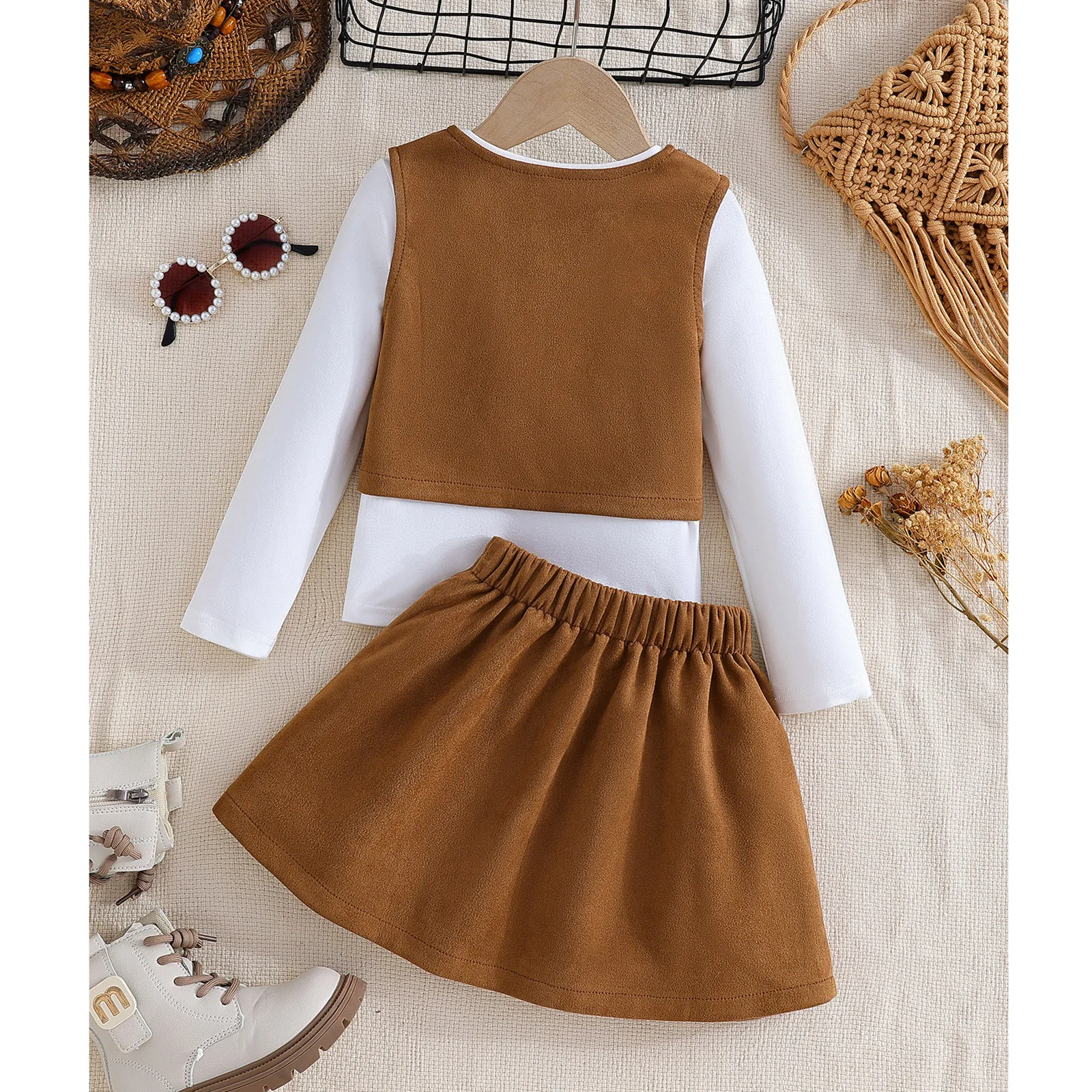 Kids Girls 3-piece Retro Suede Outfit Set Long Sleeve T-shirts Rivet Fringe Vest And Pleated Skirt for Daily Life Theme Party