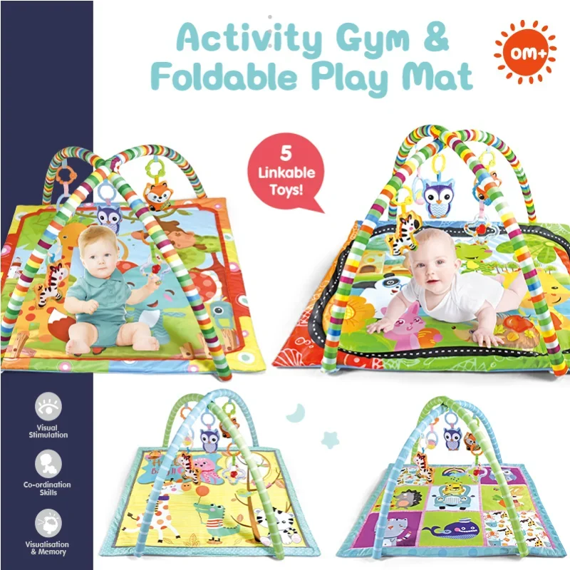 Multifunctional Baby Fitness Frame Crawling Game Blanket Tummy Time Mat with 5 Toys Baby Gym Activity Play Mat for Toddler