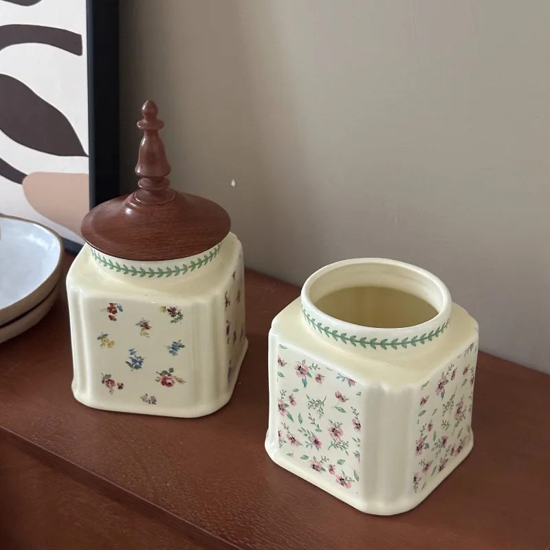 french-floral-ceramic-storage-canister-wooden-lid-vintage-countryside-decor-household-food-storage-container-storage