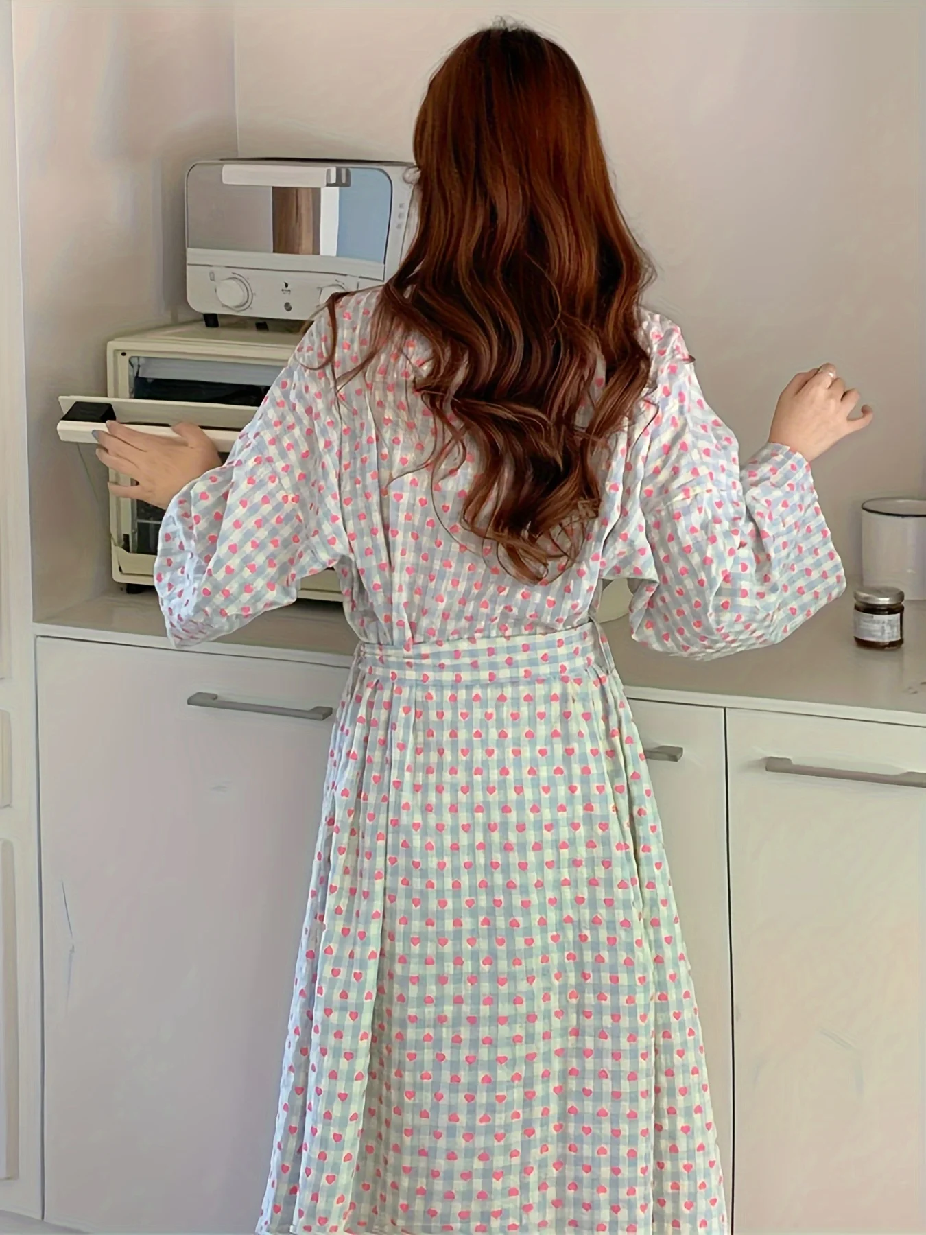 Korean Robe Women Kimonos Cute Heart Bathrobes Long Pajamas Lady Kimono Bathrobe Gown Nightgown Home Clothes Soft Home Clothing