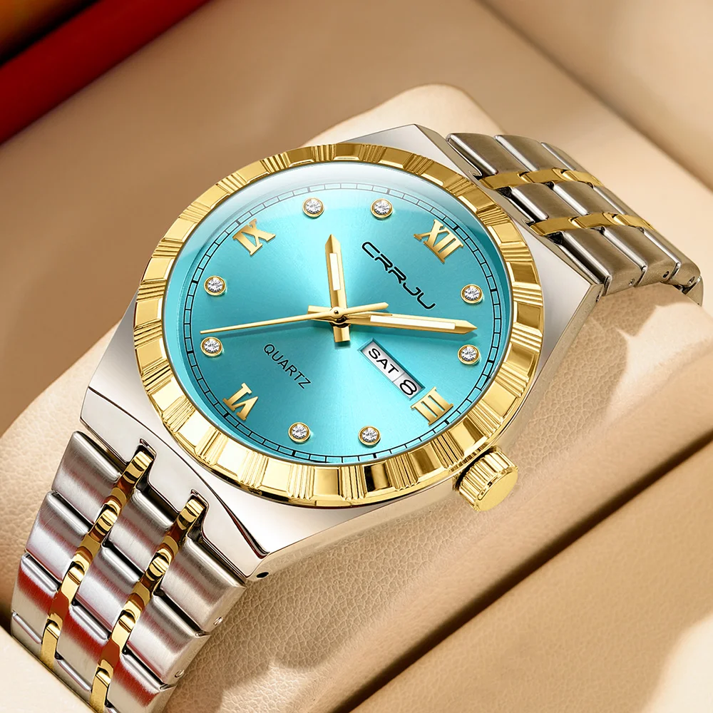 CRRJU Top-Uhren Golden Blue GMT Automatik-Kalender Herrenuhr Leuchtende wasserdichte Stahlarmband Business Herren-Armbanduhr