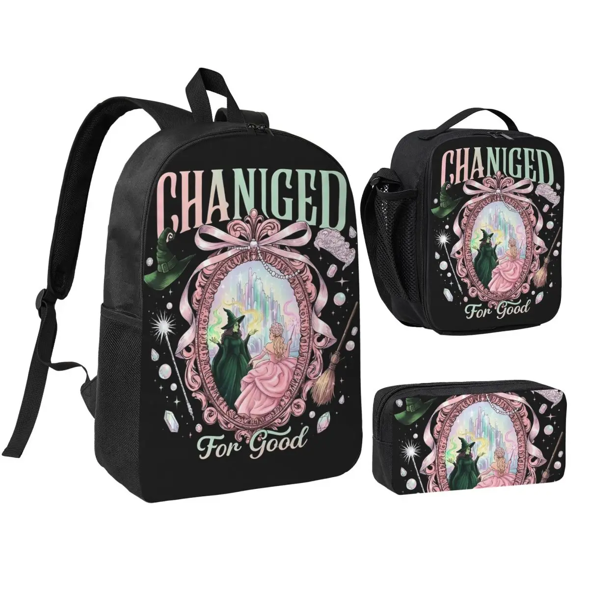 Wicked Movie Gothic Fairy Tale Backpack Student BookBag School Bag Shoulder Bags 3ps Insulated Lunch Bag Pencil Case