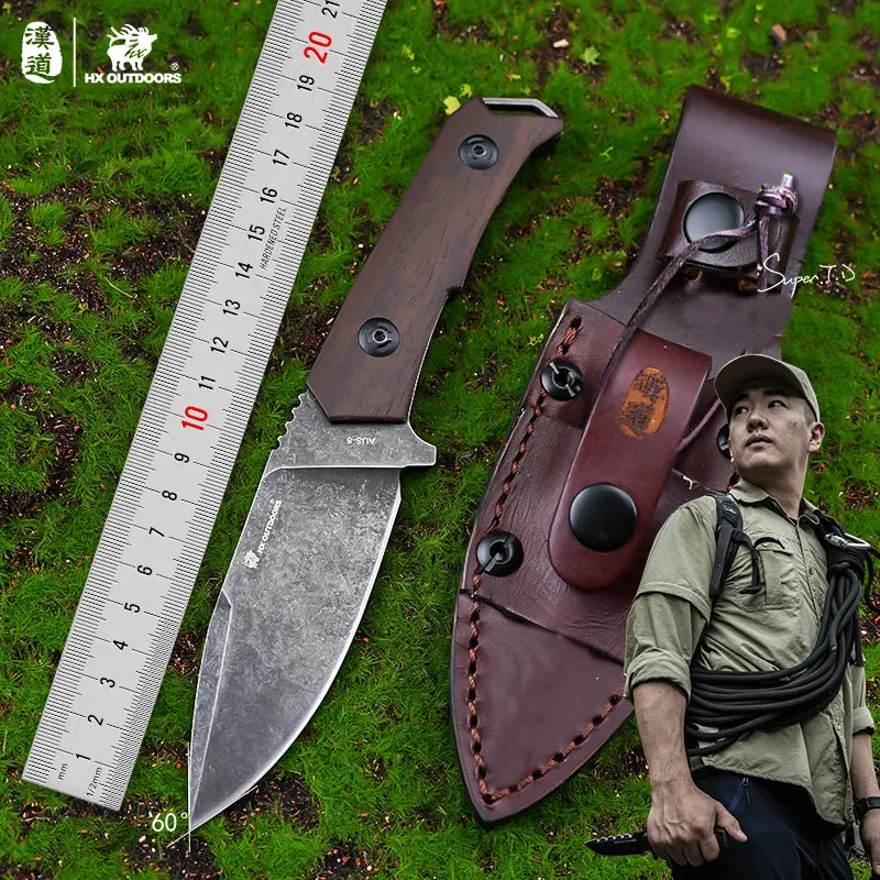 Hx Outdoors AUS-8 Steel Hunting Knife Camping Survival Rescue Knives Wood Handle With Leather Sheath EDC Tool, Dropshipping