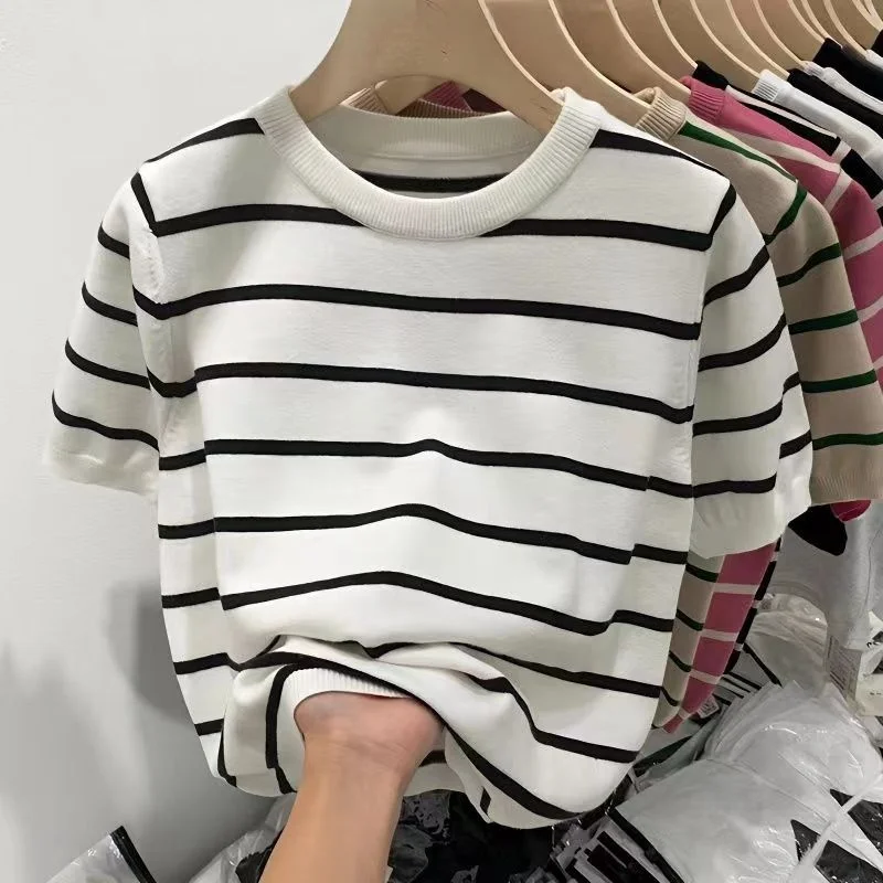 Casual Retro T-Shirt Sweet New Women Fashion Striped Cropped Knit Sweater Vintage O Neck Short Sleeve Female Pullovers Chic Tops