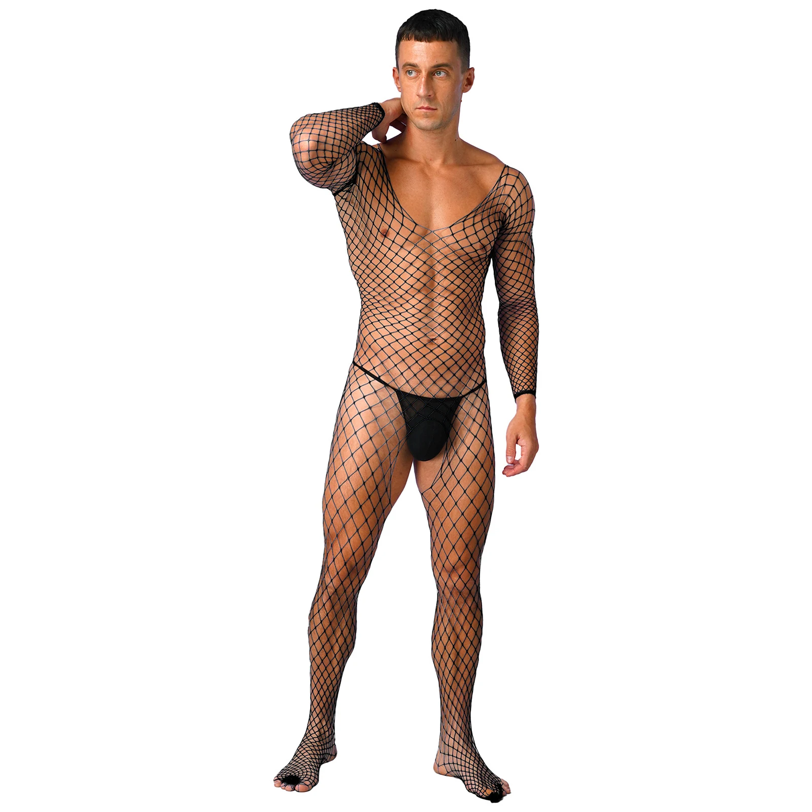 Mens Sexy Jumpsuit Long Sleeve Crotchless Bodystocking Stretchy Hollow Out Fishnet Bodysuit Mesh Lingerie Nightwear Sleepwear