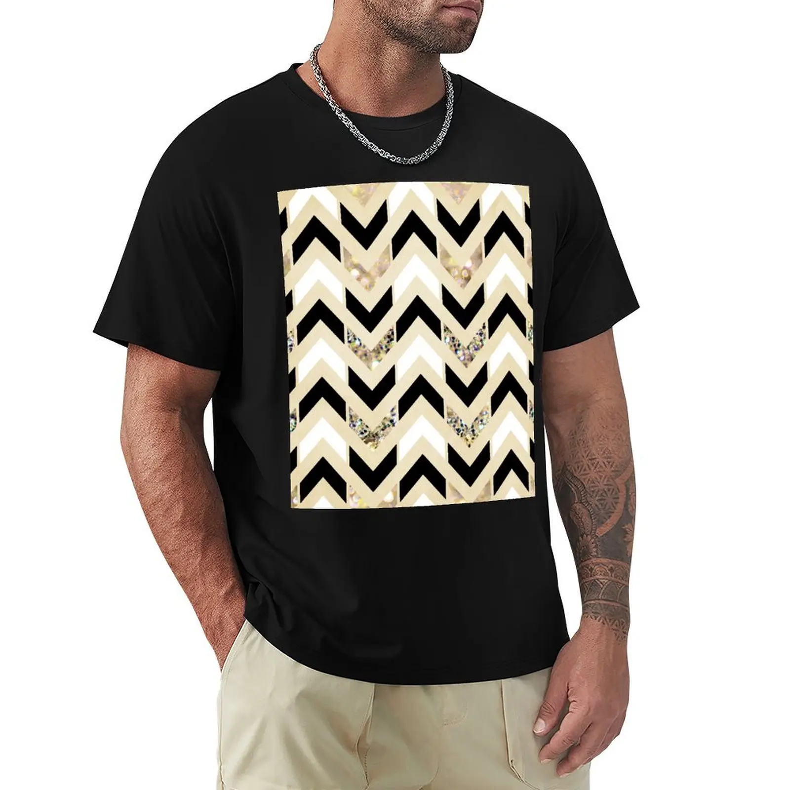 Black, White & Gold Glitter Herringbone Chevron on Nude Cream T-Shirt Essential Solid Color T-Shirt