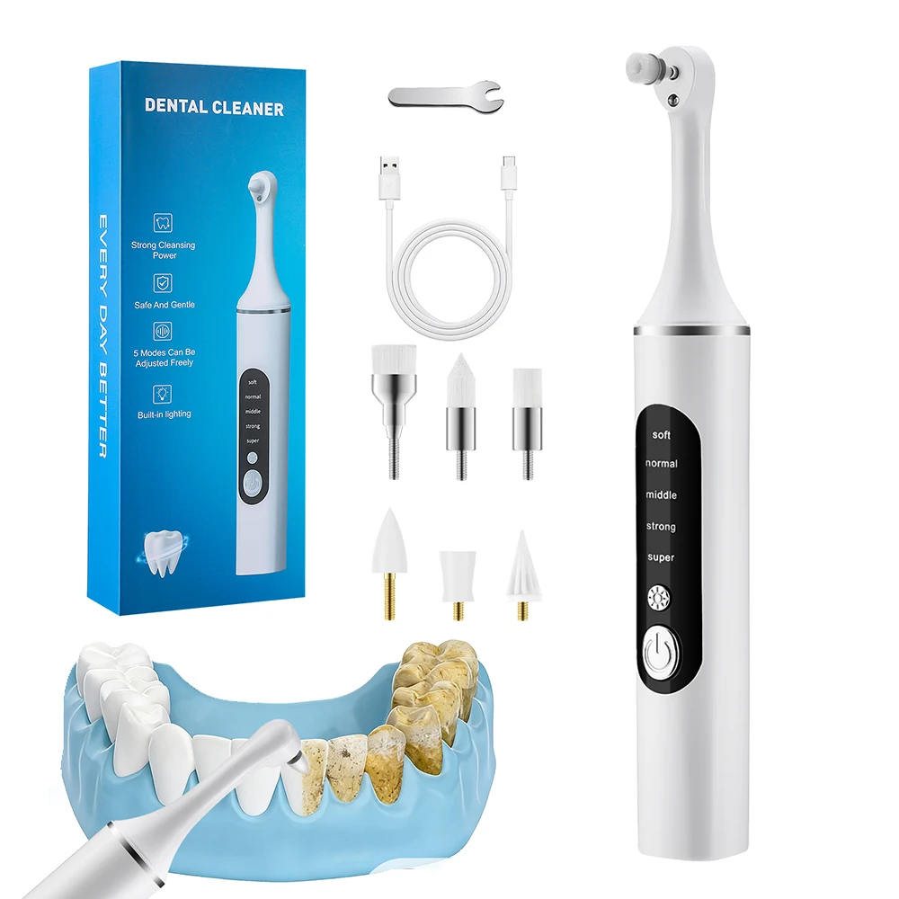 Electric Tooth Polisher with 6 Brush Heads Teeth Whitening Plaque Dental Tartar Remover LED Light Rechargeable Oral Gum Health