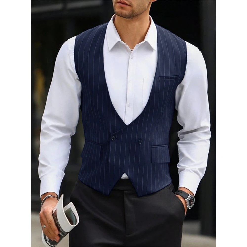 Gentlemen Men Vintage Vest Stripes gilet a due tasche per scope matrimonio elegante top da uomo formale gilet da uomo