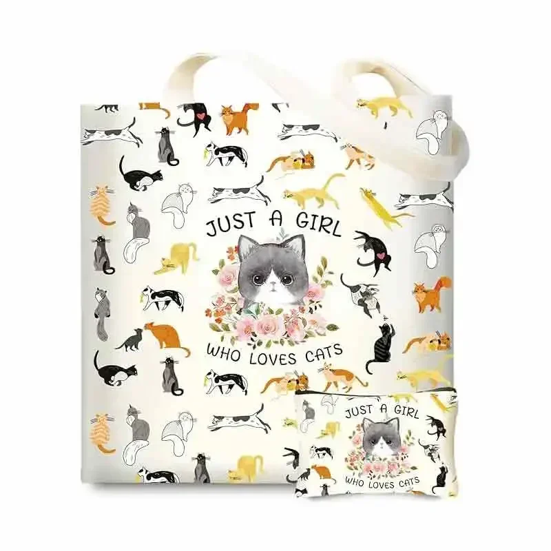 Sacs d'épicerie réutilisables avec trousse de maquillage, cadeaux mignons esthétiques pour les amoureux des chats, ZV04