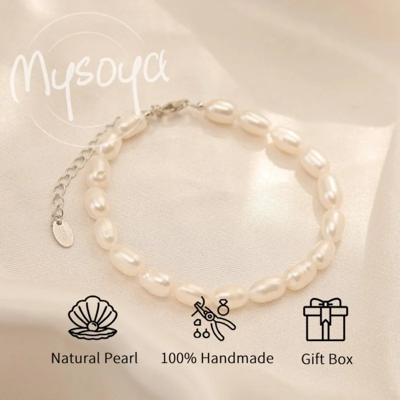 

MYSOYA 5-6 мм браслет из белого риса с пресноводным жемчугом для женщин и мужчин с подарочной коробкой подарок на день рождения, свадьбу, годовщину
