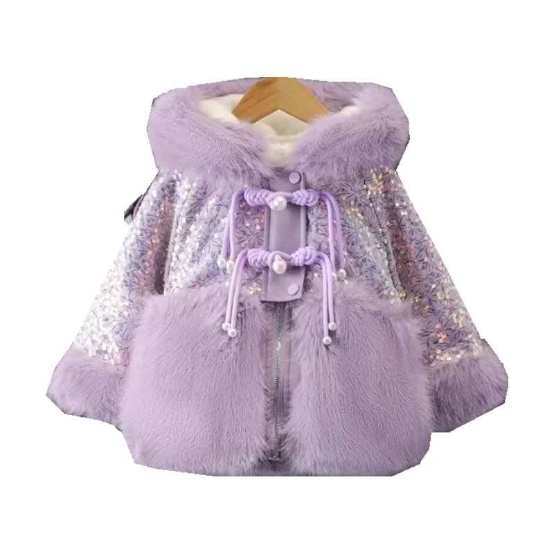 Girls Coat Jacket Winter Cotton Windbreak 2023 Sequin Warm Plus Thicken Velvet Furs School Outwear Children\'s Clothing