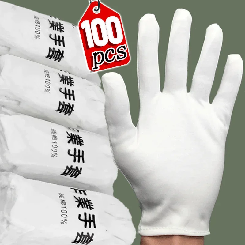 

50Pairs White Soft Cotton Work Gloves for Dry Hands Handling Film SPA Gloves Ceremonial Stretch Gloves Household Cleaning Tools