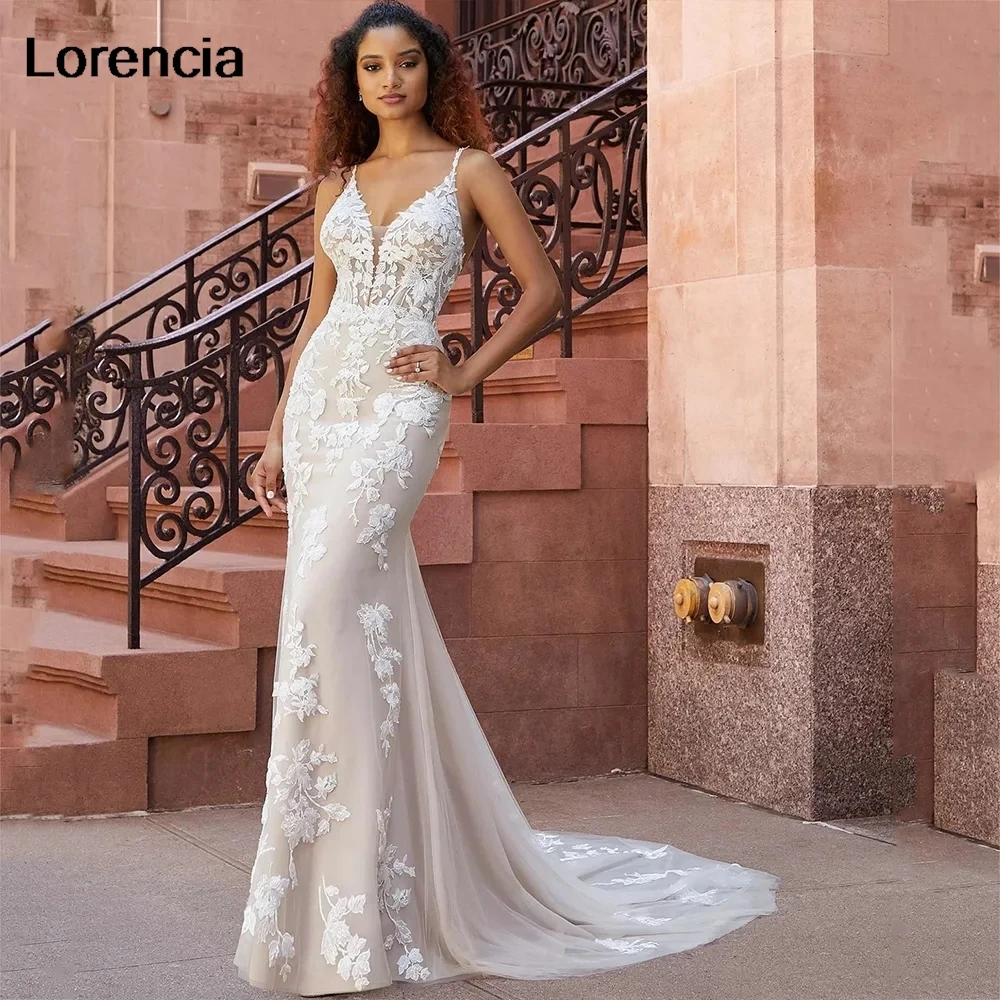 

Customized Sexy Mermaid Wedding Dress V-Neck Lace Applique Illusion Button Spaghetti Bride Bridal Gown Vestido De Noiva YMW171