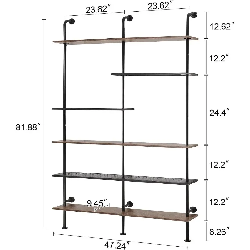 HOMISSUE Industrial Bookshelf 6-Tier Open Wall Mount Ladder Bookshelf, Modern Bookcase with Metal Frame and Wood Style