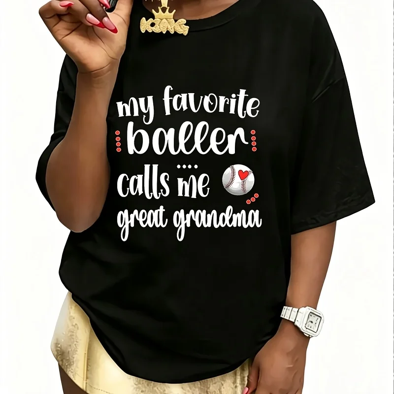 My Favorite Baseball Player Calls Me Baseball Great Grandma Women's 100% Cotton T-Shirt Short Sleeve Top Casual Round Neck Fun Print Tee S-5Xl