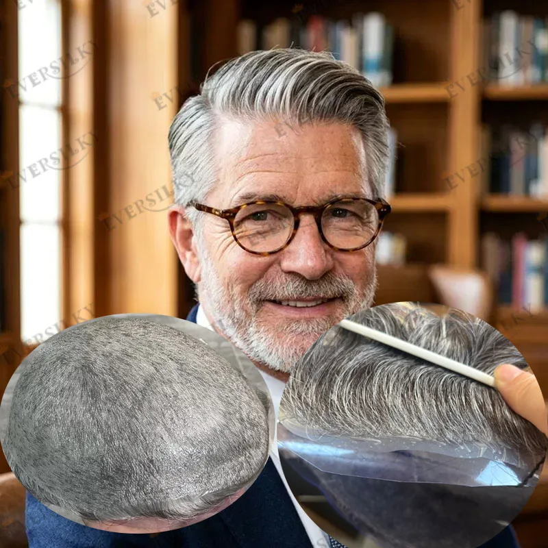 

90Density Old Man Human Hair 1B65 1B80 Grey Light Weight Natural Hairline 0.02mm Skin Base Men Toupee Undetectable Hair System
