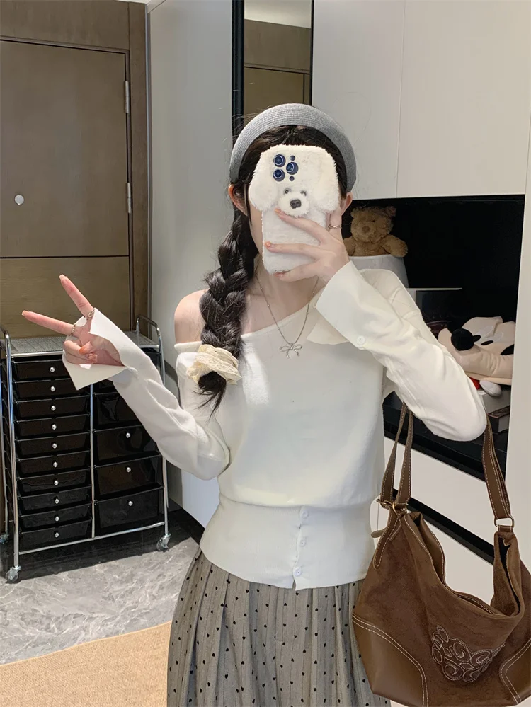 

Casual Sle Long Sve Knitted Sweater Asymmetrical oulder Design Slim Fit Chic Top for Women Spring Season Faionable