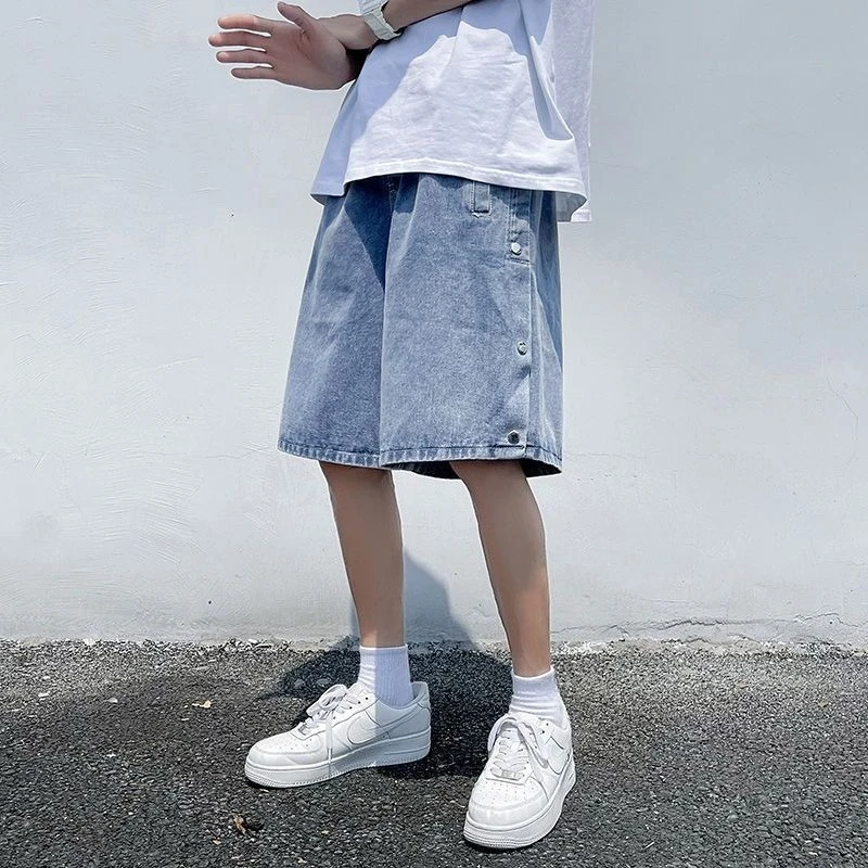 

Men's Denim Shorts Summer Loose Fit Above Knee Wide Leg Jean Shorts Lightweight Button Fly Casual Streetwear
