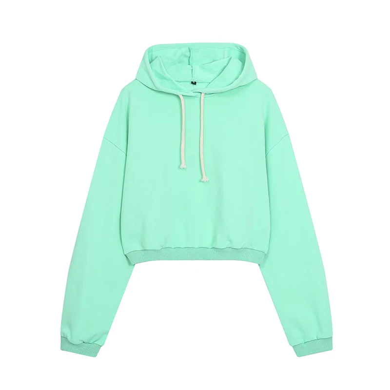 Women Mint Green Cropped Hoodie Long Sleeve Drawstring Hooded  Loose Casual Short Sweatshirt