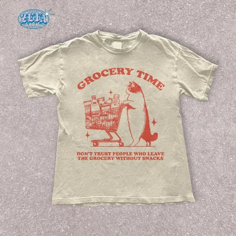 Funny Cat Grocery Time T Shirt Don't Trust Snackless Shoppers Vintage Style