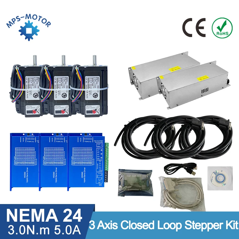 3 Axis 425oz.in 3Nm Nema 24 Closed Loop Stepper Motor With Nema24 Hybrid Step Driver HSS60 3M Encoder Cable Power Supply 36V 10A