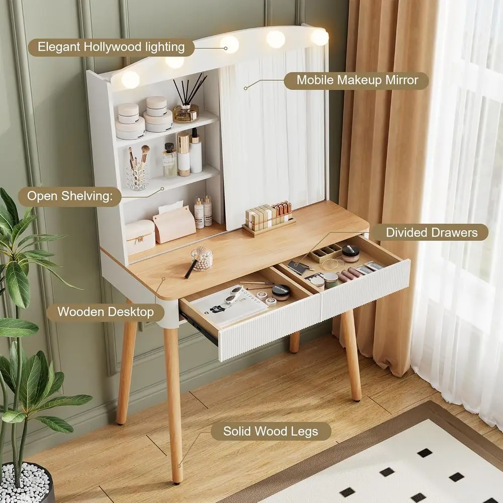 Compact 33.4 Vanity Desk with Mirror & Lights, Sliding Mirror Vanity with Storage, Fluted Makeup Table for Bedroom