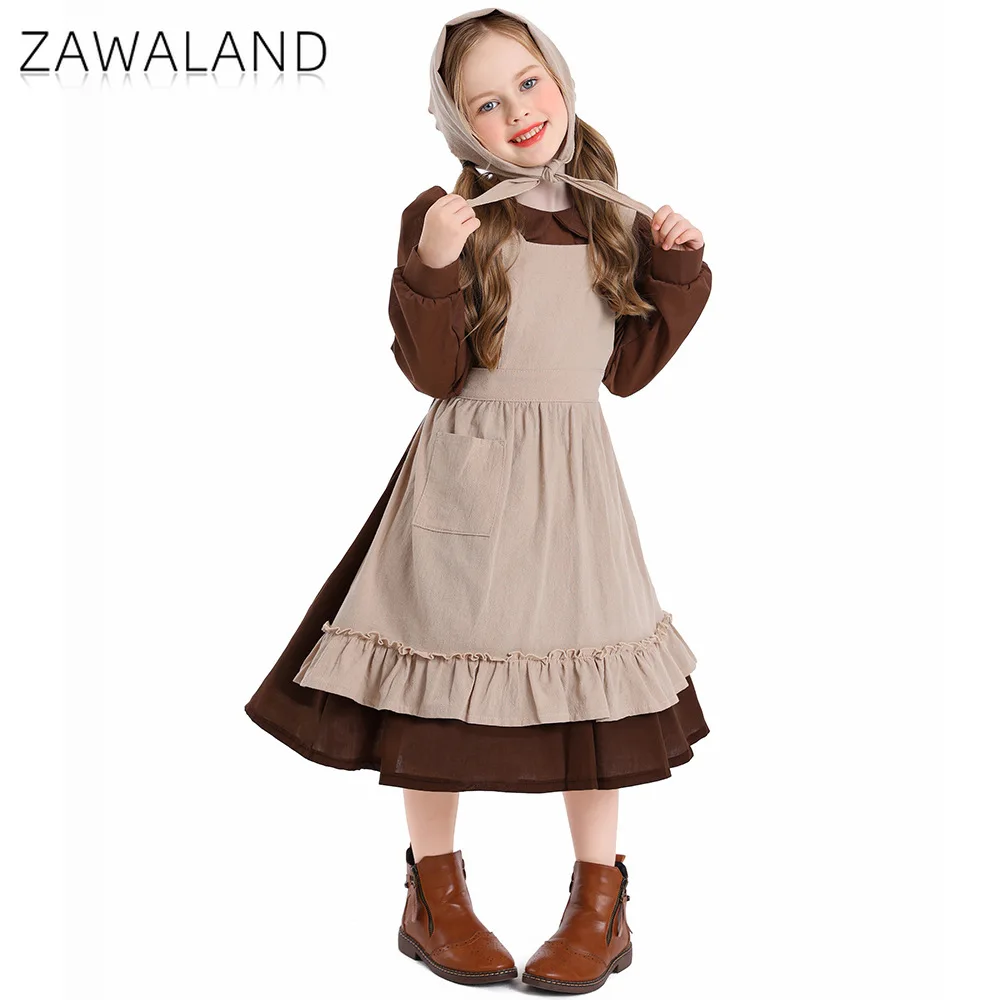 فستان القهوة بلون سادة، فساتين تنكرية للخادمة بأكمام طويلة مع مريلة لمرحلة الأداء، مجموعة المزرعة، ملابس لطيفة للحفلات