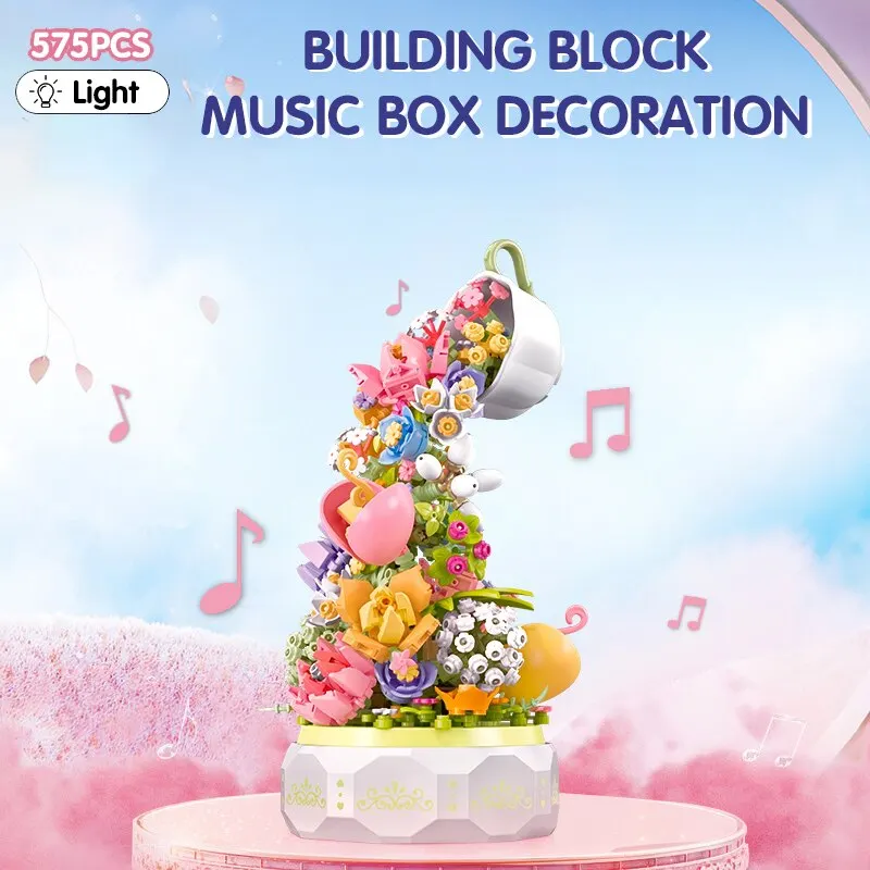 Teacup Flower Lighting Music Box Building Blocks, Waterfall Bouquet, DIY Model Bricks Brinquedos para crianças, Holiday Gifts, 575Pcs