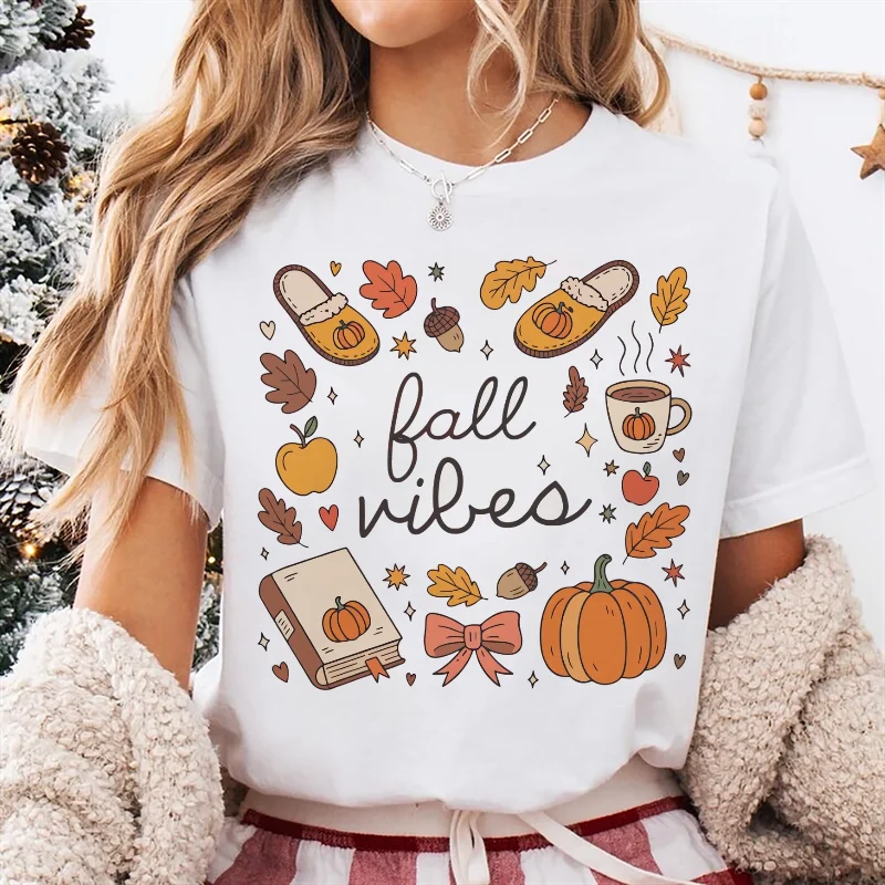 

Осенняя милая футболка с принтом и круглым вырезом, женская повседневная футболка с короткими рукавами и рисунком, модная универсальная уличная белая футболка