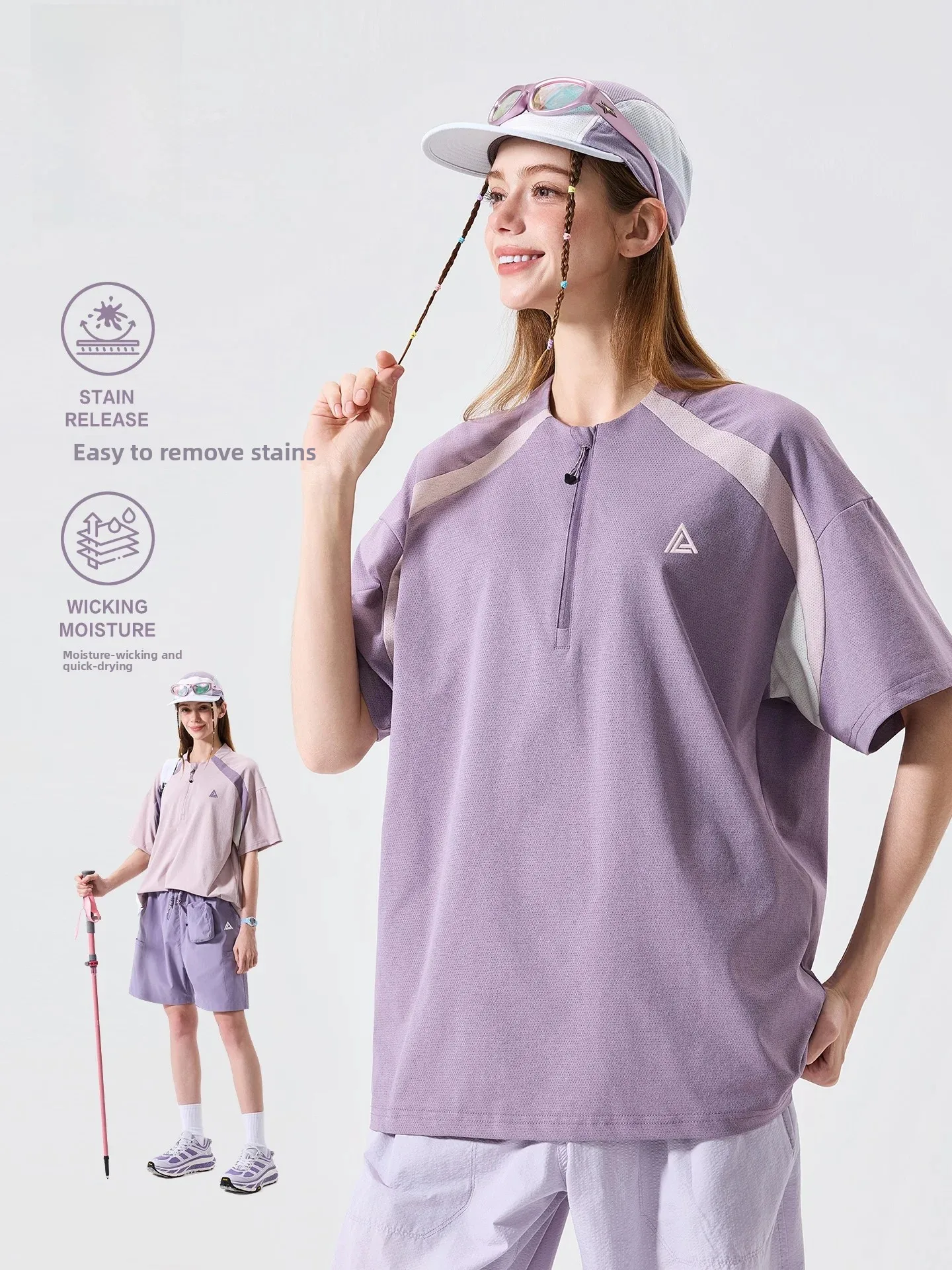 LAZY DAY Outdoor Quick Dry Half Zip Short Sleeve T-Shirt Women Summer Color Block Mountain Climbing Hiking Sports Top