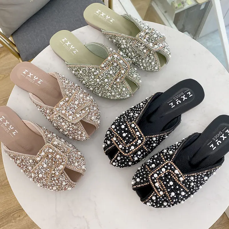 

New Summer Women Crystal Slippers 2024 Girls Sweet Bows Bling Slippers Closed Toe Slip On Mules Shoes Casual Slides Flip Flop