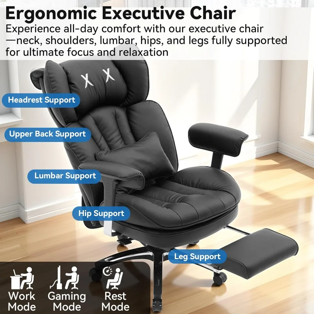كرسي مكتب كبير وطويل بوزن 400 رطل، كرسي مكتب تنفيذي مريح عالي الظهر مع مسند للقدمين، كرسي مكتب كمبيوتر واسع للمكتب المنزلي #5