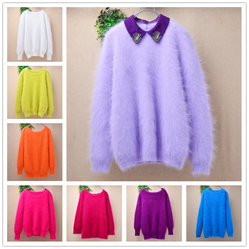 Restposten Damenmode: Weicher, haariger Nerz-Kaschmir-Strickpullover mit Rundhalsausschnitt, langen Ärmeln und schmaler Passform – Angora-Pelz-Jumper/Oberteil
