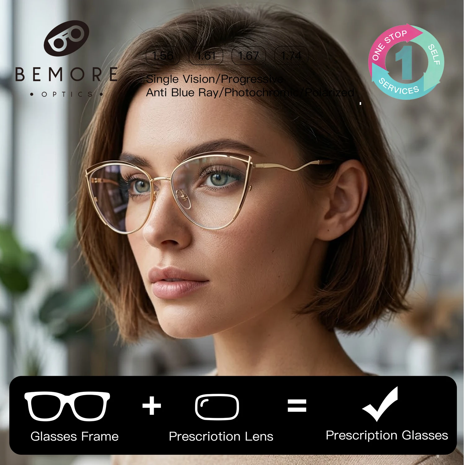 

BEMORE High-Quality Metal Cat Eye Myopia Glasses for Woman Anti-Blue Light Photochromic Grey Butterfly Optical Eyeglasses