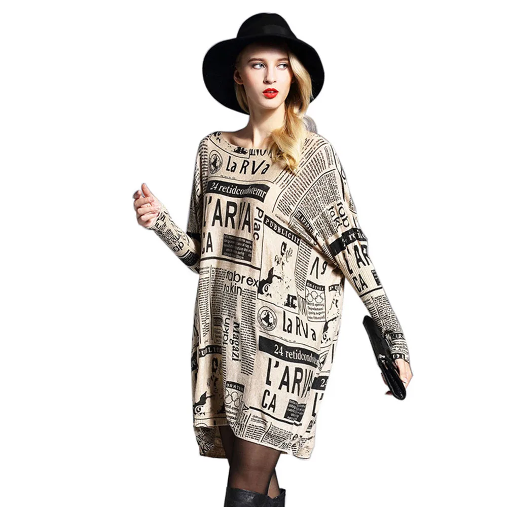 

Spring And Autumn New Women's Loose Pullover Print Newspaper Casual Long Sweater Bottoming Fashion Sweater Women.