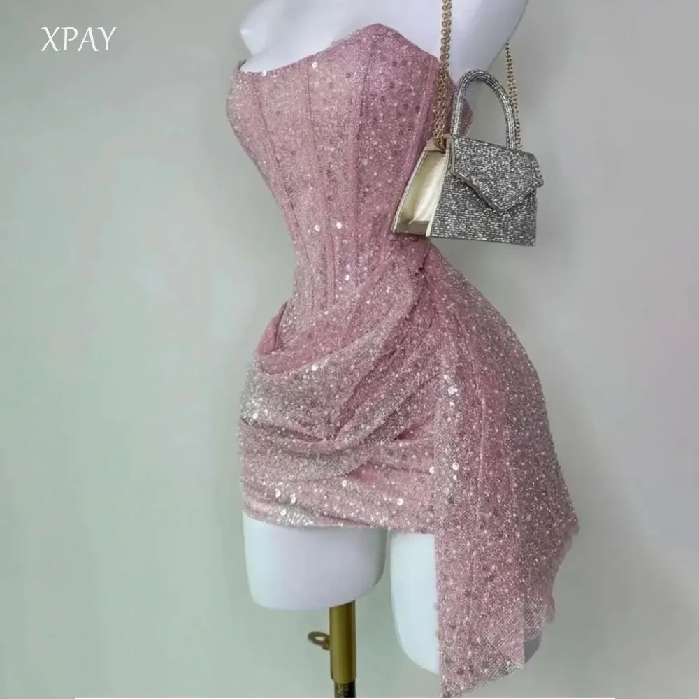 

XPAY Shiny Sequins Strapless Mini Prom Dresses Zip Pink Beaded فساتين سهرة Pleats Sleeveless Colum Party Dresses