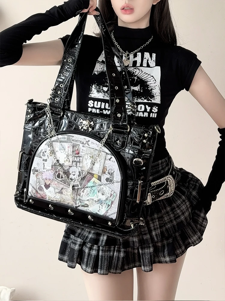 Japanese Original Spice Girl Locomotive Big Food Pain Bag Skull Rivet Chain Subculture Y2k Tote Oblique Span Shoulder Bag