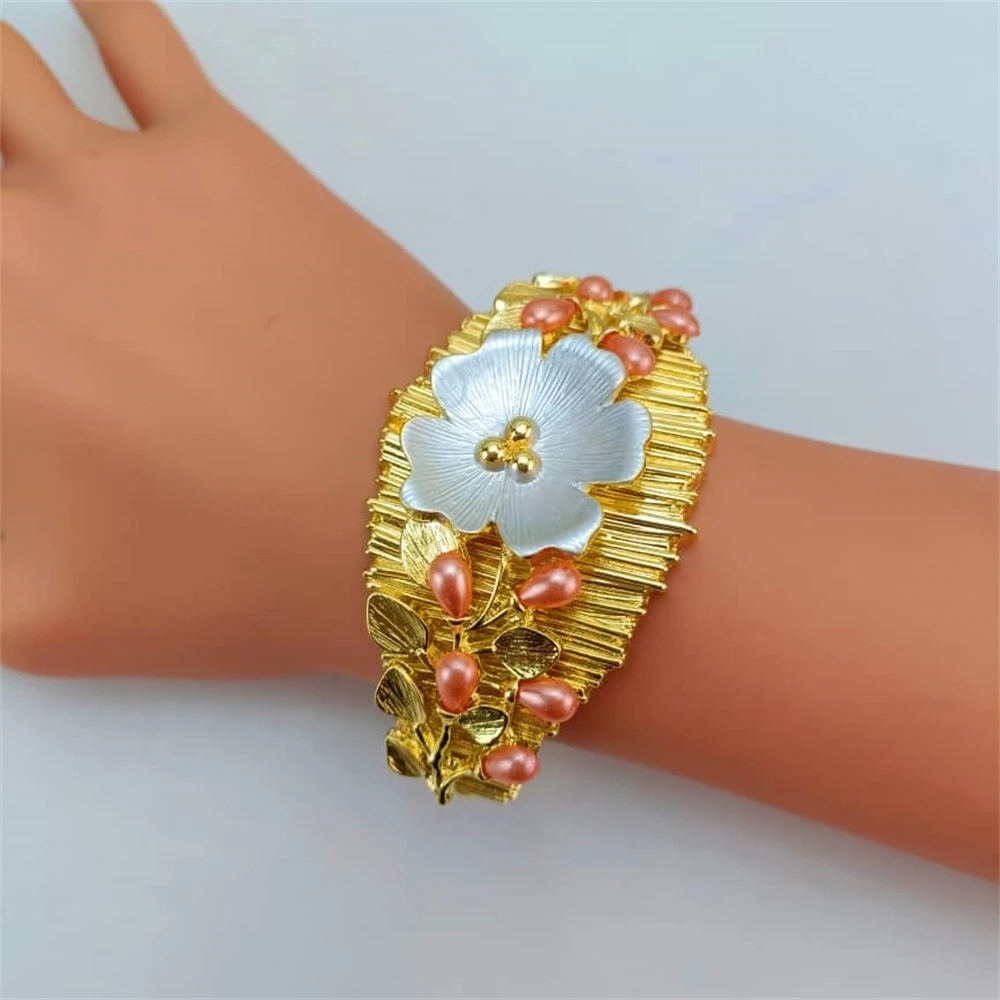 طقم مجوهرات زفاف مطلية بالذهب للنساء ، مجوهرات دبي الكبيرة ، قلادة ، أقراط ، سوار ، خاتم ، زهرة زفاف ، إيطالية ، حفلة #5