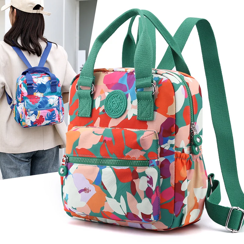 Lightweight Nylon Ladies Backpack Small Size Commuter Bag Soft Shoulder Straps Printed Design Multi-Compartment Foldable