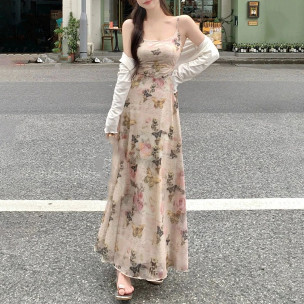 Daily Wear Summer Vacation S Retro Butterfly Print Elegant Vacation Dress Sundress Spaghetti Strap Dress Lightweight Fabric