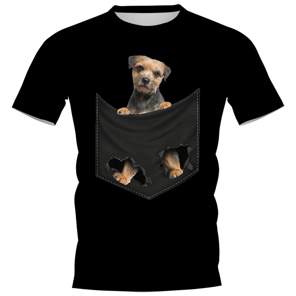 HX Funny T-Shirts 3D Graphic Animals Dog Border Terrier In Pocket Printed Tees Polyester Casual Pullovers Hip Hop Tops