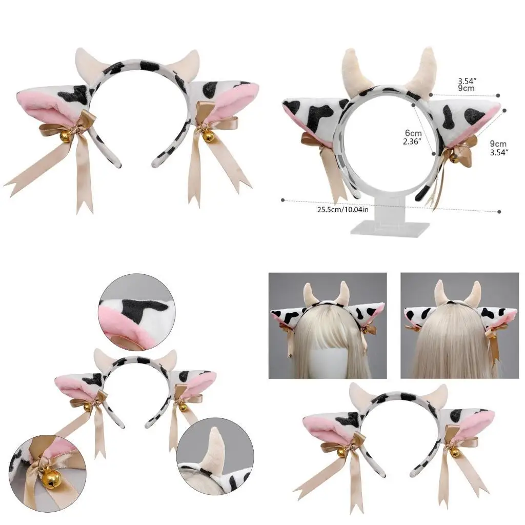 

652F Cow Ears Horns Headband Plush Animal Costume Headwear Cosplay Hair Accessories