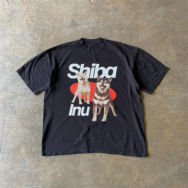 Xiao Chen Story Multi 260g Heavyweight Pure Cotton Short Sleeve Loose Fit T-Shirt for Students And Couples with Cute Shiba In...