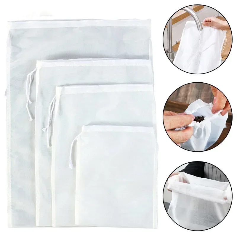 100 Mesh Nylon Milk Filter Bags Reusable Soy Yogurt Tea Beer Nut Milk Bag Coffee Food Filter Net Drawstring Kitchen Strainer Bag